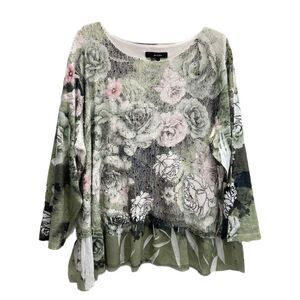 Ali Miles Sweater Women 3XL Green Floral Mesh Tunic Roll Tab Sleeves Lagenlook